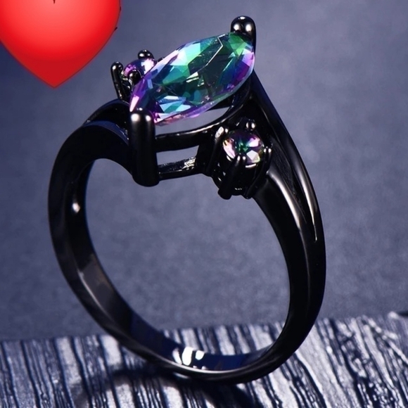 Women Marquise Cut Rainbow, Ring 14KT Black Gold - Picture 4 of 5